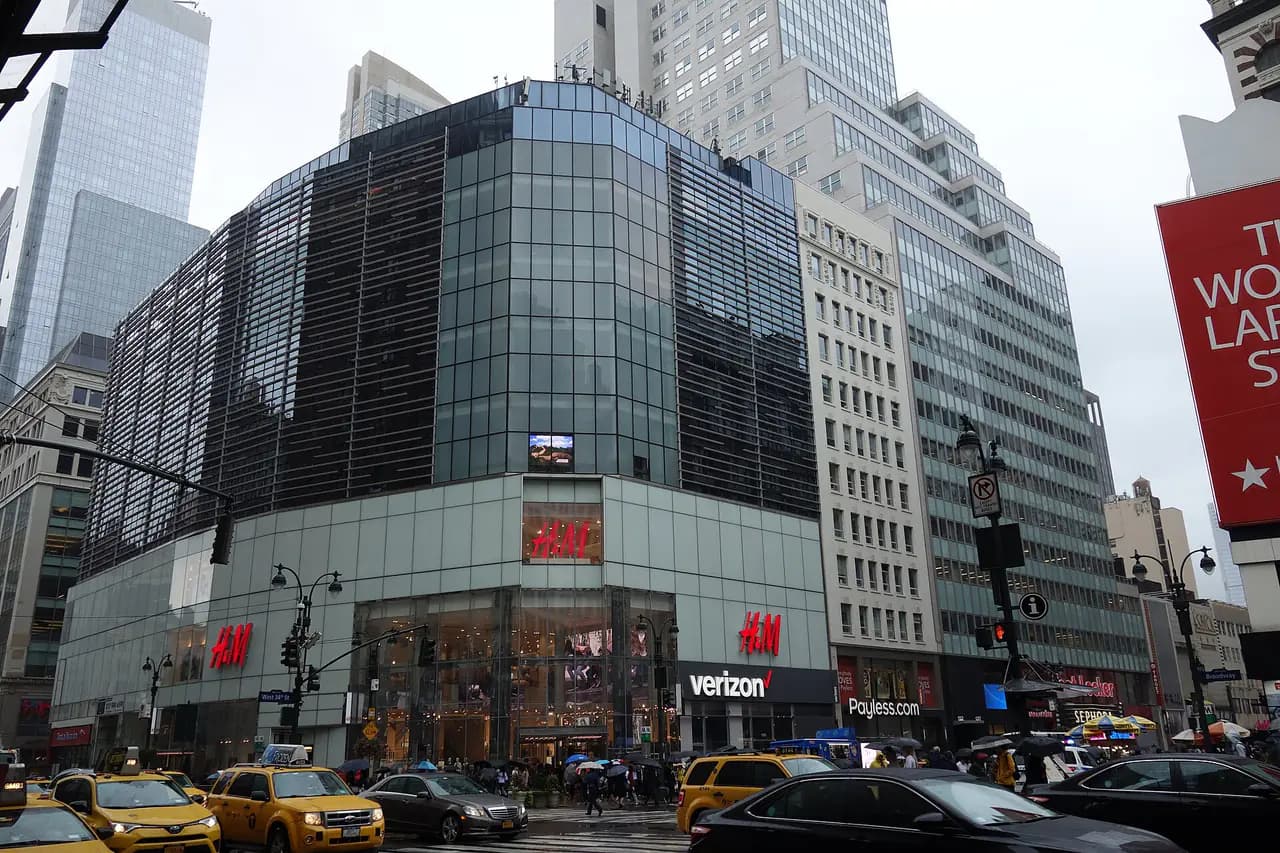 The glass-clad Herald Center building at the corner of West 34th Street and Broadway in Herald Square
