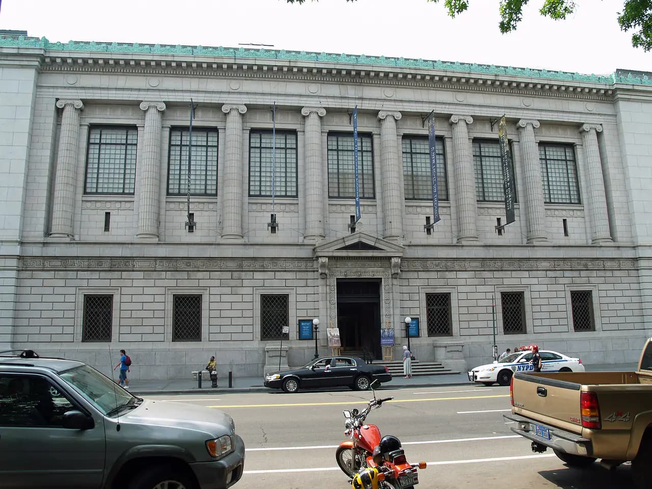 The granite neoclassical facade and columns of the New York Historical building at 170 Central Park West