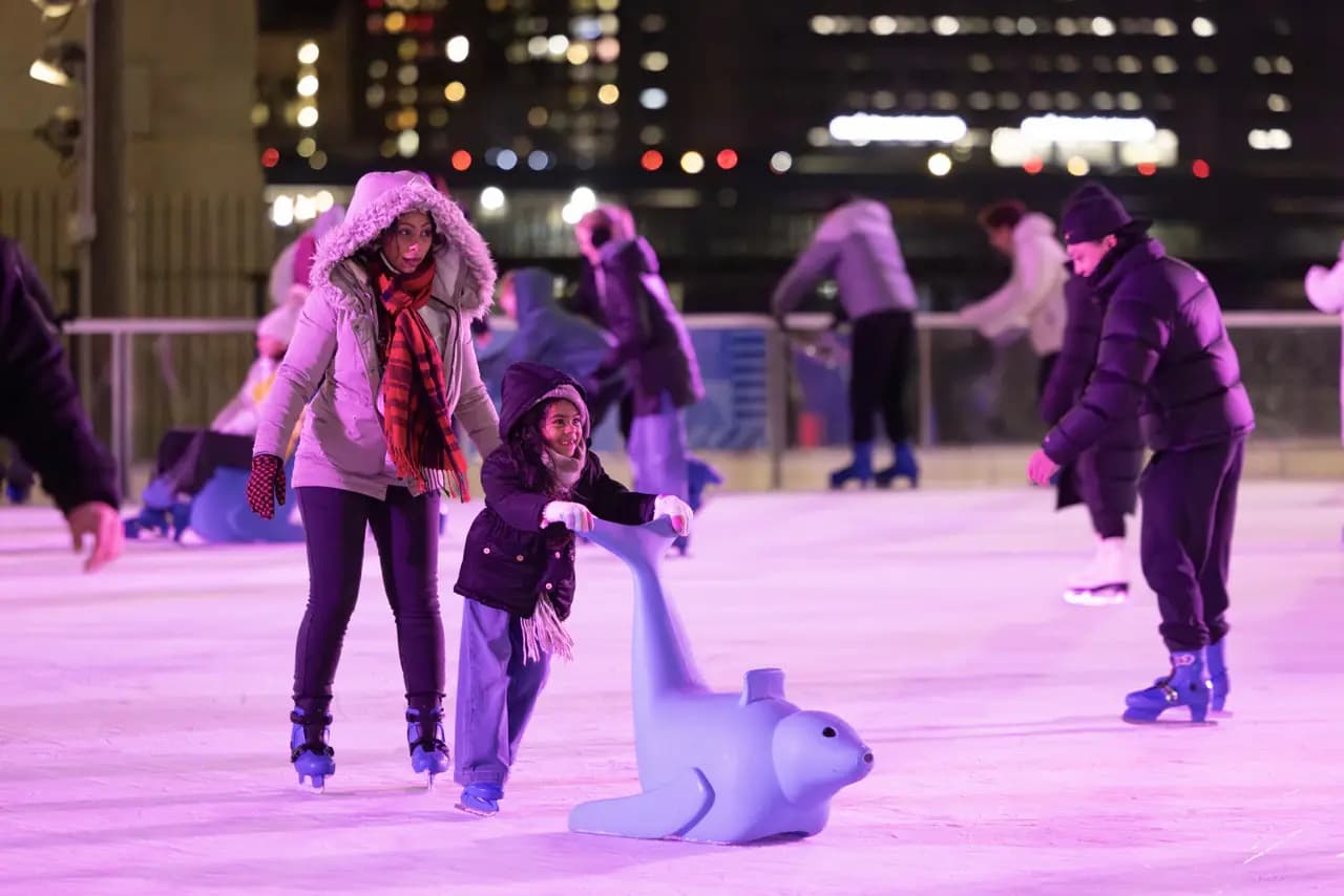 A young skater pushes a seal-shaped skating aid across the ice at Roebling Rink at night, with city lights behind