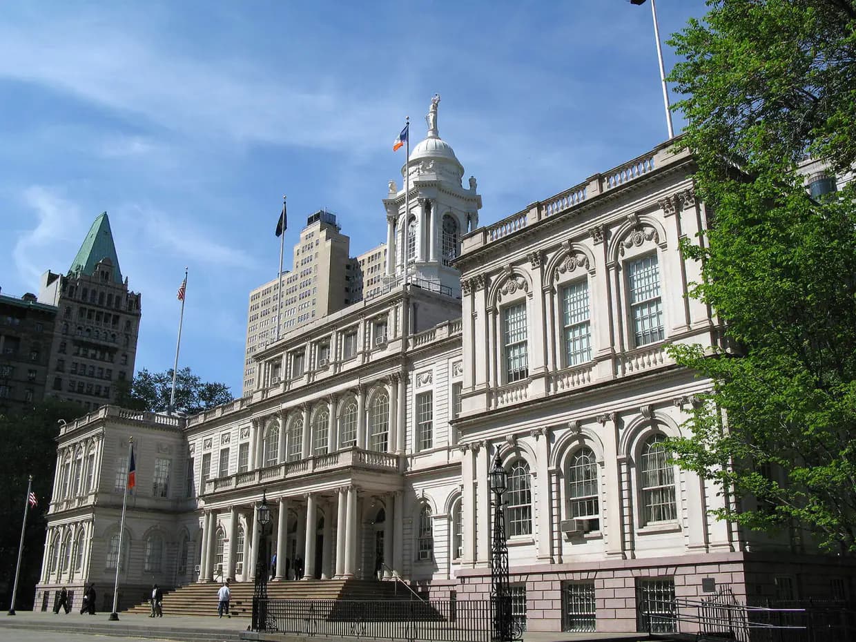 New York City Hall facade and cupola from the plaza