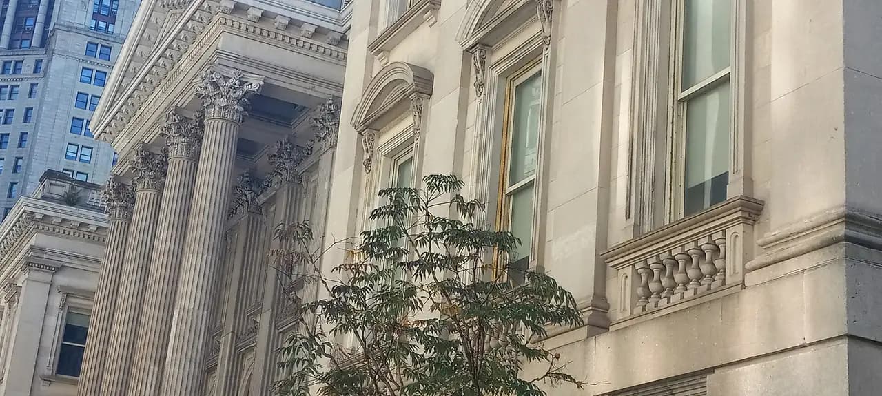 The columned facade of Tweed Courthouse in Lower Manhattan's Civic Center