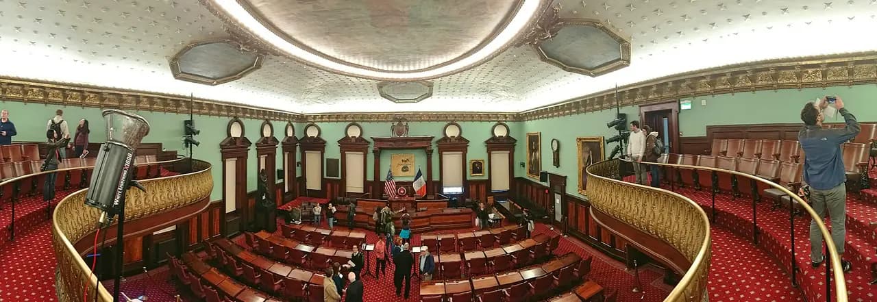 Panoramic view of the New York City Council Chamber in City Hall, with red carpet, wooden desks and a gilded balcony