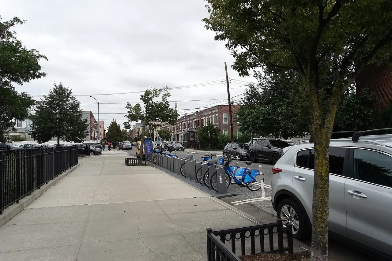 A row of blue Citi Bikes docked along a tree-lined residential sidewalk in Queens