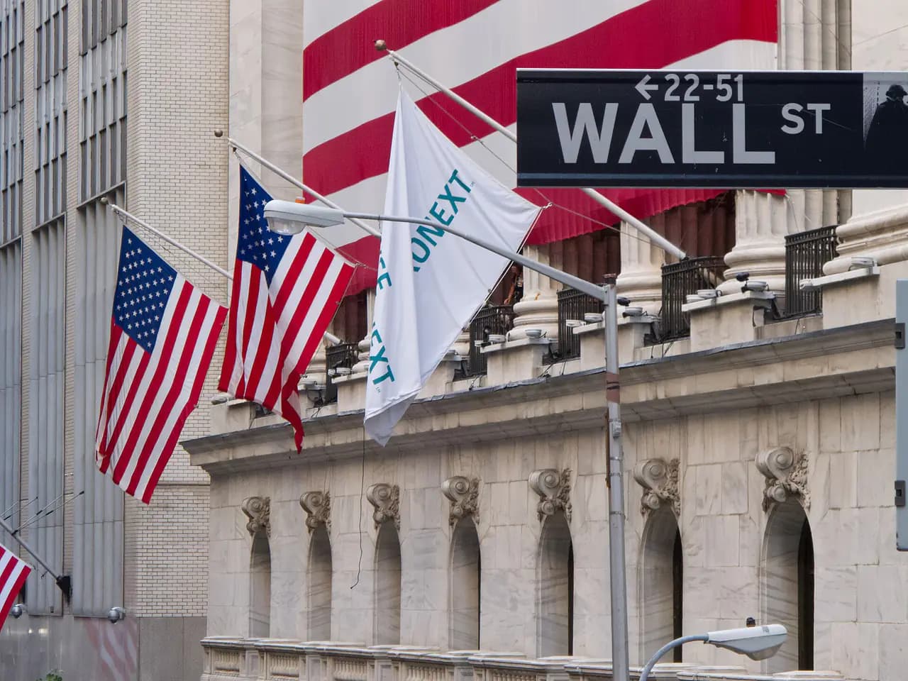 A Wall Street sign and American flags in front of the New York Stock Exchange facade