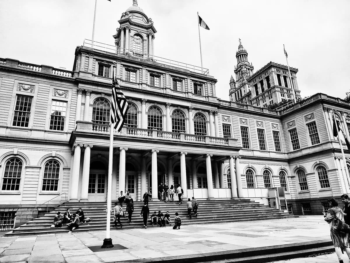 The front steps and columned portico of New York City Hall