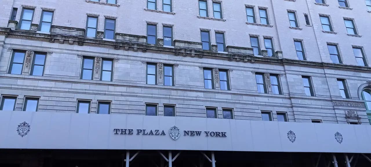 The Plaza Hotel facade along Fifth Avenue and Central Park South in Midtown Manhattan