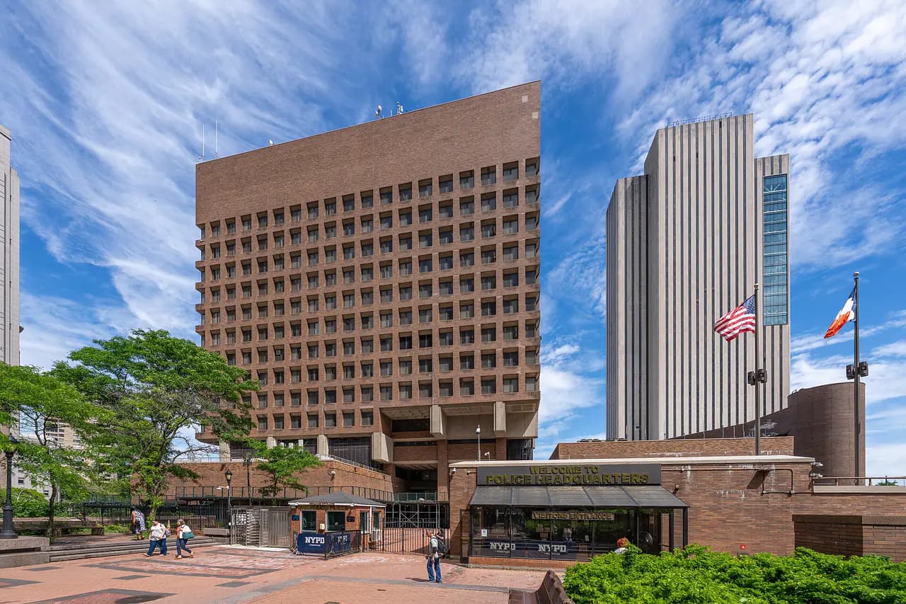 One Police Plaza, the NYPD headquarters building in Lower Manhattan, photographed in 2026