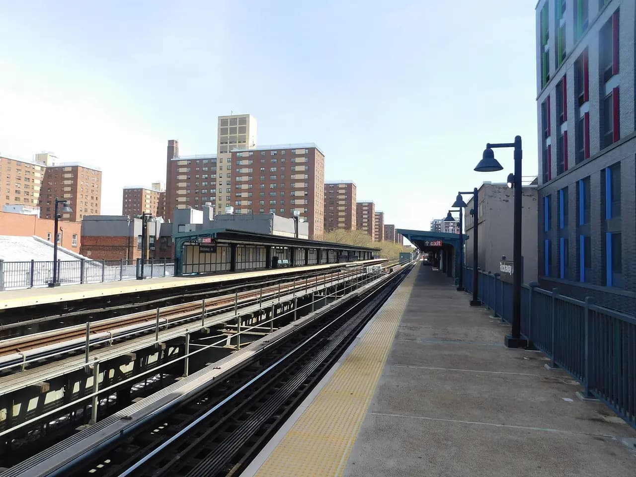 Brownsville apartment towers seen from the elevated Rockaway Avenue subway platform in Brooklyn