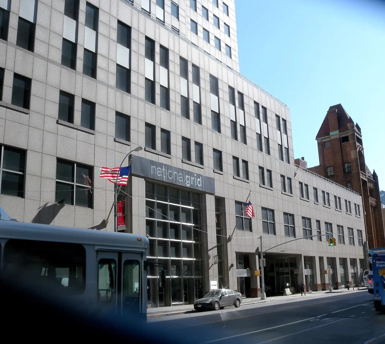 The National Grid building on Jay Street in Downtown Brooklyn, with the company's sign over the entrance