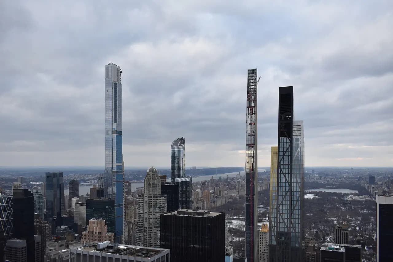 The supertall residential towers of Billionaires' Row along West 57th Street, seen from the south