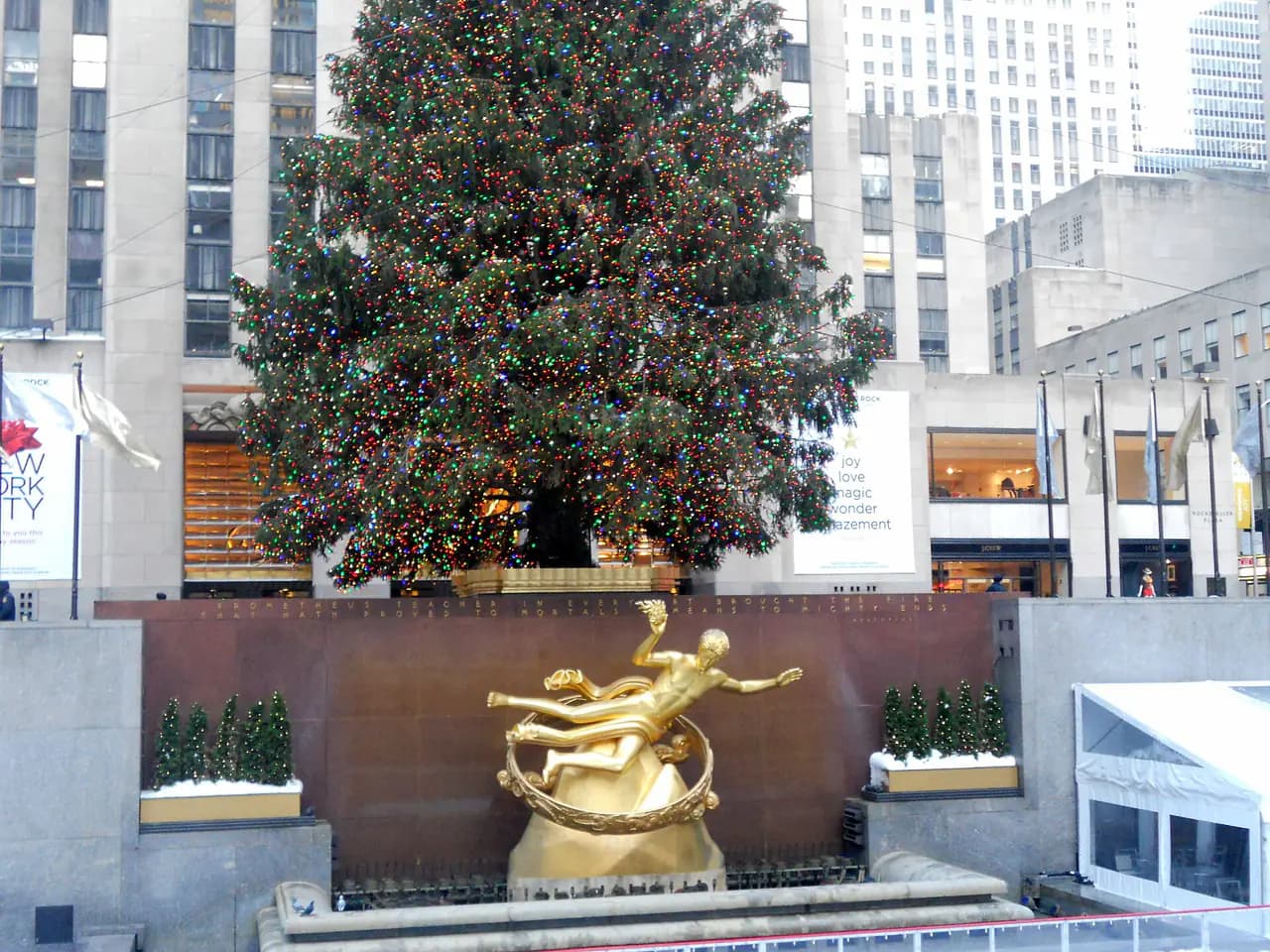 A tall decorated Christmas tree rises behind the gilded Prometheus statue at Rockefeller Plaza on a winter day