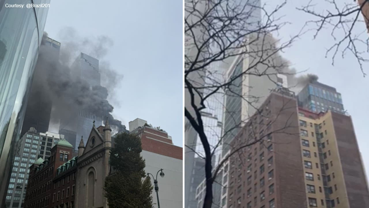 Smoke billowing from the roof of a building in Hudson Yards