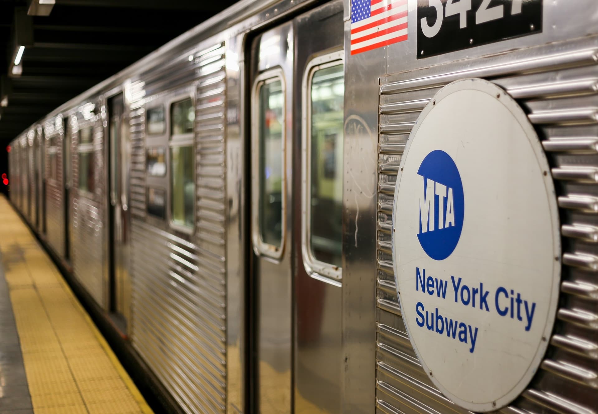 A train at a subway station in New York City.