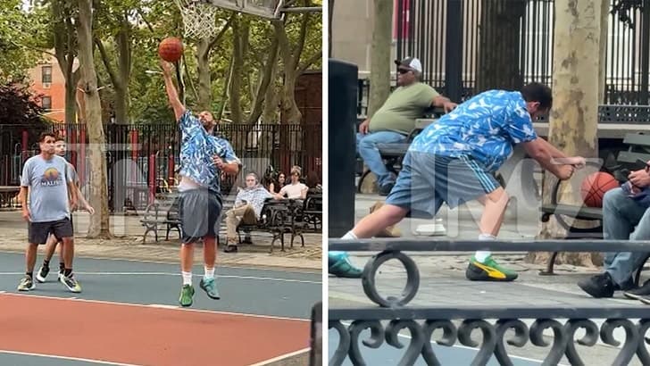 Adam Sandler playing basketball in NYC