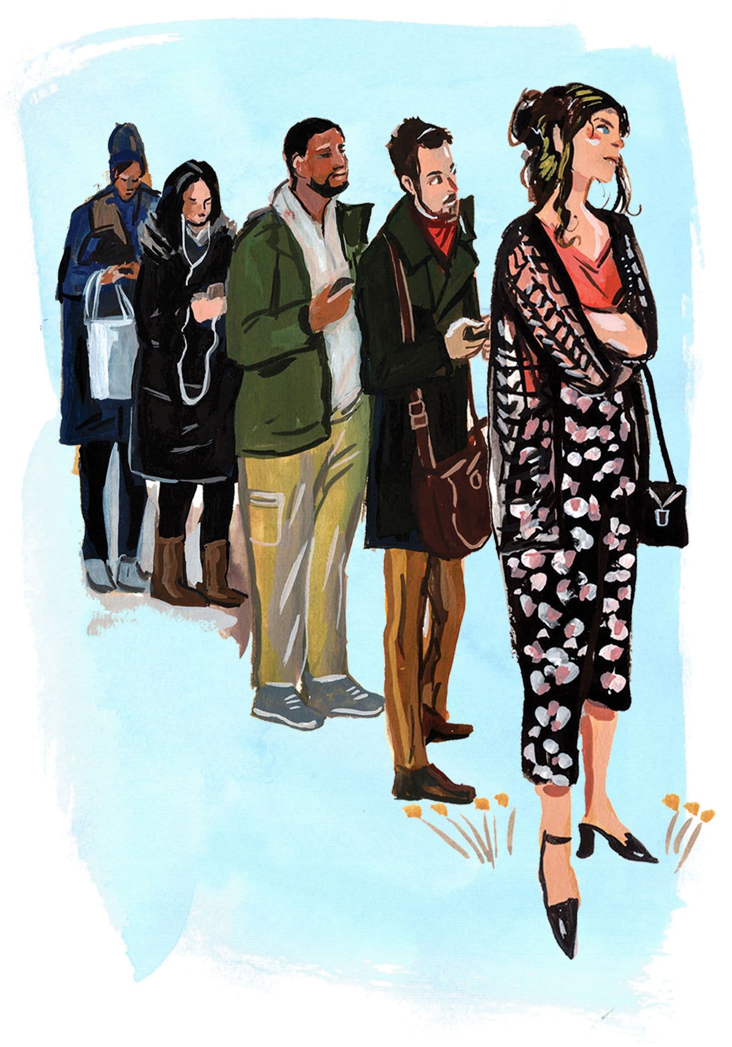Person standing, queue forming behind